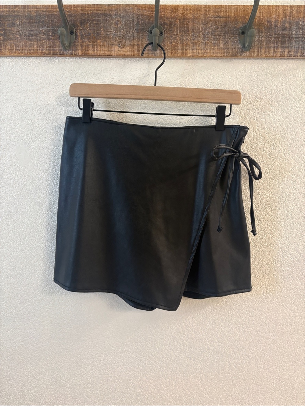 Abercrombie & Fitch Black Faux Leather Skort with Side Tie Detail